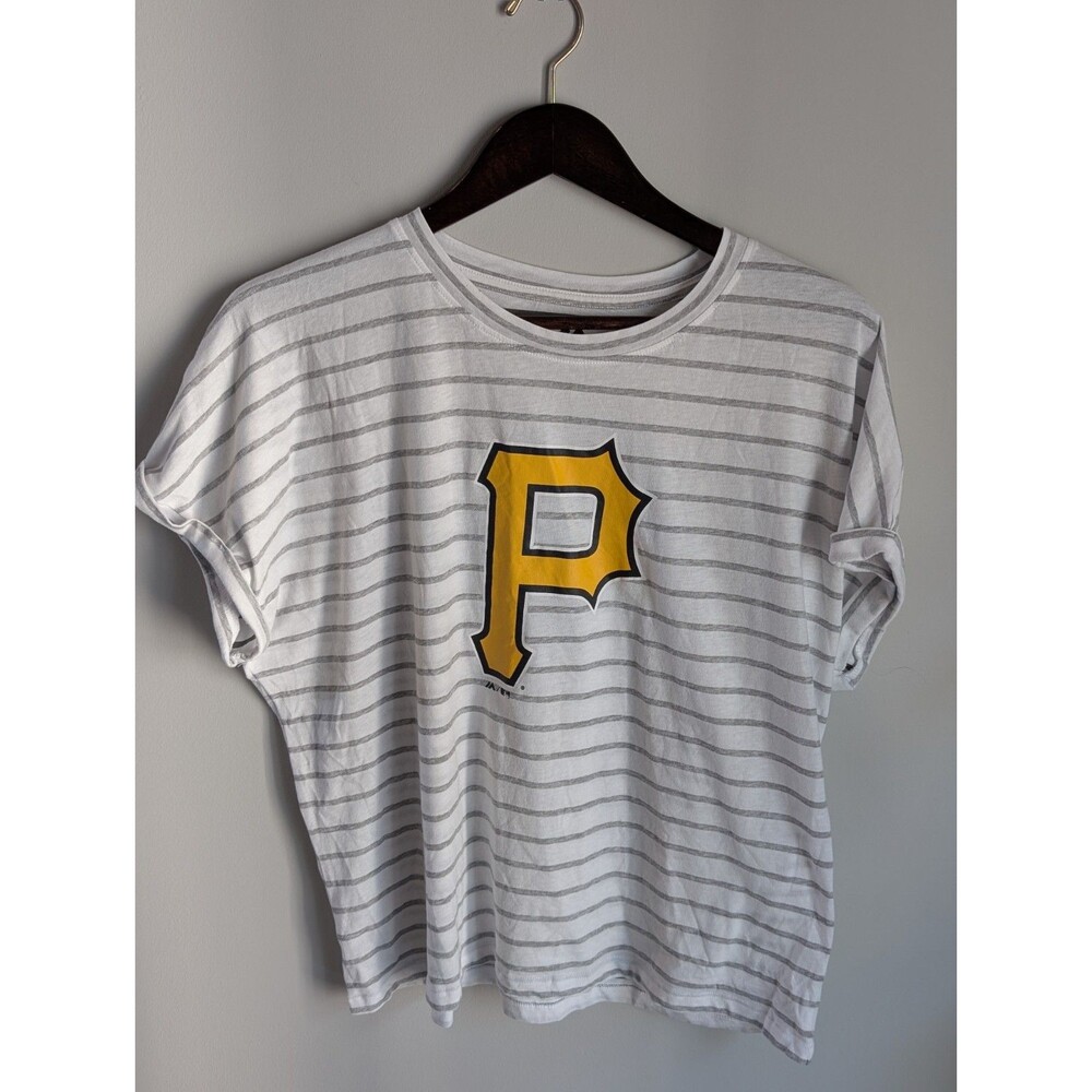 Pittsburgh Pirates Tshirt Women's XL Graphic Logo Cropped White Black Stripes